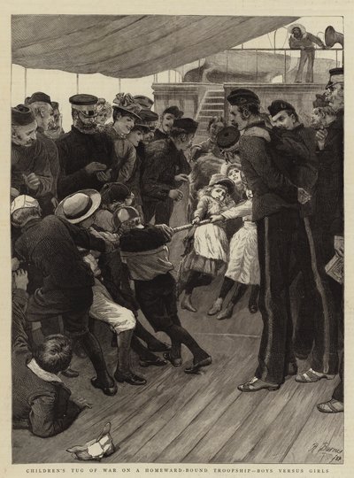 Tir à la corde des enfants sur un navire de troupes de retour, garçons contre filles - Robert Barnes
