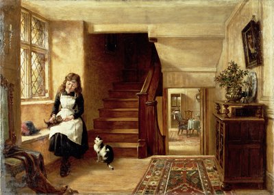 Un intérieur avec une fille jouant avec des chats - Robert Collinson