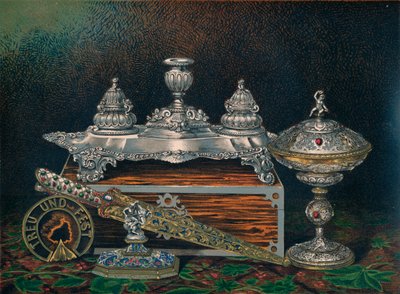 Encrier, presse-papier, couteau de chasse ou poignard, tazza couverte, presse-papier, 1863 - Robert Dudley