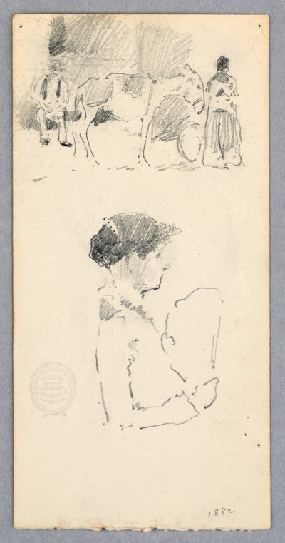 Dessin, scène avec un âne et deux personnages ; femme tenant un éventail, 1882 - Robert Frederick Blum