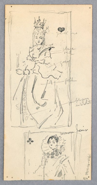Dessin, scène de rue, Italie (recto) ; deux vues encadrées de femmes sur des cartes à jouer (verso), 1882 - Robert Frederick Blum
