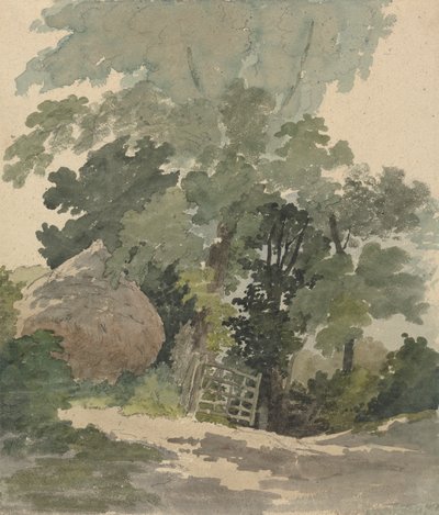 Un chemin de campagne avec meule de foin et portail - Robert Hills