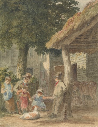 Enfants avec un chien dans une cour de ferme - Robert Hills