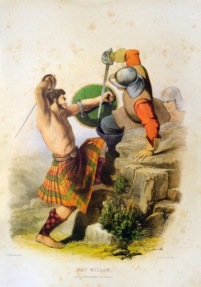 Guerrier écossais Mac Millan combattant en kilt et pieds nus avec l