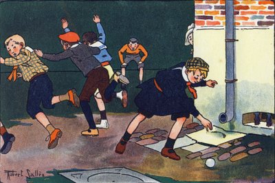 Balle au mur. Gravure dans "À quoi jouons-nous ?" par E. Weber avec des dessins aquarellés de Robert Salles (1871-1929). Librairie Garnier Frères, Paris - Robert Salles