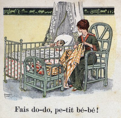 Livre pour enfants “Je lirai - Alphabet méthodique et amusant par un papa” 1926. Illustration de Robert Salles (1871-1929). “Dors, bébé bébé !”. Une mère coud dans la chambre de son enfant en attendant que son bébé dorme. - Robert Salles
