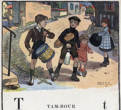Livre pour enfants “Je lirai - Alphabet méthodique et amusant par un papa” 1926. Illustration de Robert Salles (1871-1929). Abécédaire : lettre T comme Tambour. - Robert Salles