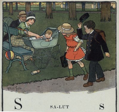 Livre pour enfants “Je lirai - Alphabet méthodique et amusant par un papa” 1926. Illustration de Robert Salles (1871-1929). Abécédaire : lettre S comme Salut. Un garçon salue un couple et leur bébé en soulevant sa casquette. - Robert Salles