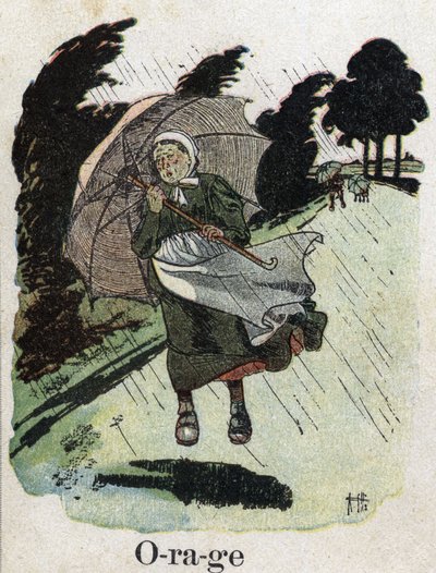 Livre pour enfants « Je lirai - Alphabet méthodique et amusant par un papa » 1926. Illustration de Robert Salles (1871-1929). « Tempête » : une femme sous la pluie se protège avec son parapluie. - Robert Salles