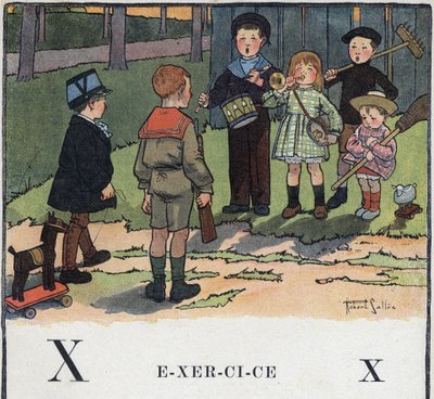 Livre pour enfants « Je lirai - Alphabet méthodique et amusant par un papa » 1926. Illustration de Robert Salles (1871-1929). Abécédaire : lettre X comme Exercice. Les enfants jouent aux militaires. - Robert Salles