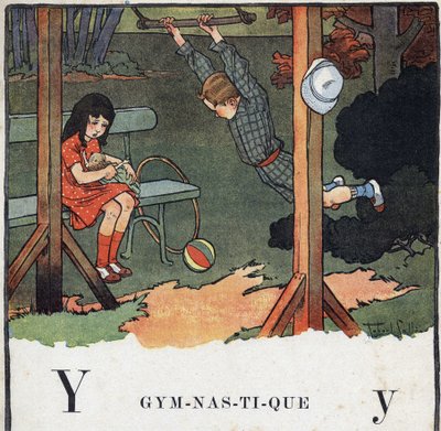 Livre pour enfants « Je lirai - Alphabet méthodique et amusant par un papa » 1926. Illustration de Robert Salles (1871-1929). Abécédaire : lettre Y comme Gymnastique. Un garçon fait du trapèze tandis qu