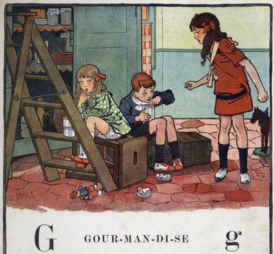 Livre pour enfants « Je lirai - Alphabet méthodique et amusant par un papa » 1926. Illustration de Robert Salles (1871-1929). Abécédaire : lettre G comme Gourmandise. Fille et garçons mangent des fruits confits en secret. - Robert Salles