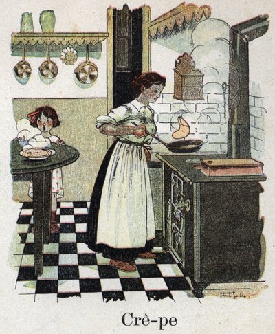Livre pour enfants « Je lirai - Alphabet méthodique et amusant par un papa » 1926. Illustration de Robert Salles (1871-1929). Maman souffle les crêpes dans la poêle - Robert Salles