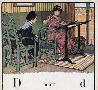 Livre pour enfants « Je saurai lire - Alphabet méthodique et amusant par un papa » 1926. Illustration de Robert Salles (1871-1929). Abécédaire : lettre D comme doigt. Une mère explique à son fils la broderie - Robert Salles