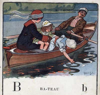 Livre pour enfants « Je saurai lire - Alphabet méthodique et amusant par un papa » 1926. Illustration de Robert Salles (1871-1929). Abécédaire : lettre B comme bateau. Une famille en bateau se promène - Robert Salles