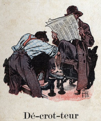 Livre pour enfants "Je lirai - Alphabet méthodique et amusant par un papa" 1926. Illustration par Robert Salles (1871-1929). "Décrotteur" : un cireur de chaussures nettoie les chaussures d