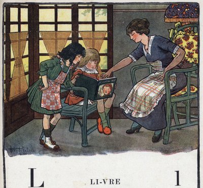 Livre pour enfants "Je lirai - Alphabet méthodique et amusant par un papa" 1926. Illustration par Robert Salles (1871-1929). Abécédaire : lettre L comme Livre. Une mère apprend à lire à sa fille - Robert Salles