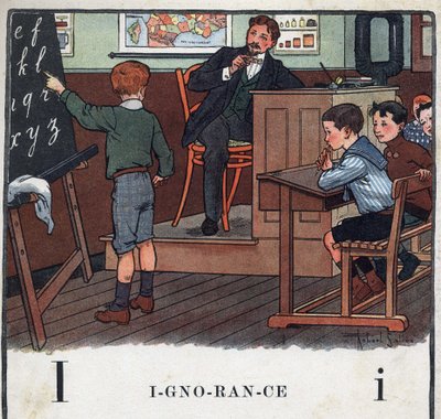 Livre pour enfants "Je lirai - Alphabet méthodique et amusant par un papa" 1926. Illustration par Robert Salles (1871-1929). Abécédaire : lettre I comme Ignorance. Un garçon récite l