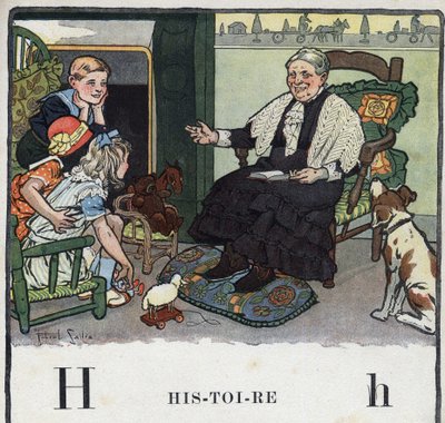 Livre pour enfants "Je lirai - Alphabet méthodique et amusant par un papa" 1926. Illustration par Robert Salles (1871-1929). Abécédaire : lettre H comme Histoire. Une grand-mère raconte des histoires à ses petits-enfants près de la cheminée - Robert Salles