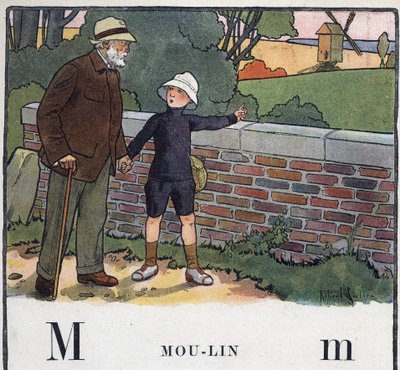Livre pour enfants « Je lirai - Alphabet méthodique et amusant par un papa » 1926. Illustration de Robert Salles (1871-1929). Abécédaire : lettre M comme Moulin. Un garçon marche avec son grand-père. Il montre un moulin - Robert Salles