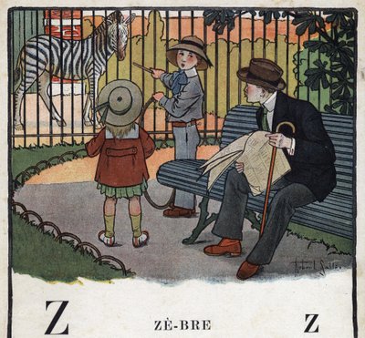 Livre pour enfants « Je lirai - Alphabet méthodique et amusant par un papa » 1926. Illustration de Robert Salles (1871-1929). Abécédaire : lettre Z comme Zèbre. Des enfants, avec un cerceau, regardent un zèbre dans un zoo - Robert Salles