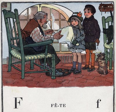Livre pour enfants « Je lirai - Alphabet méthodique et amusant par un papa » 1926. Illustration de Robert Salles (1871-1929). Abécédaire : lettre F comme Fête. Une fille et un garçon offrent des cadeaux pour la fête de leur grand-père - Robert Salles