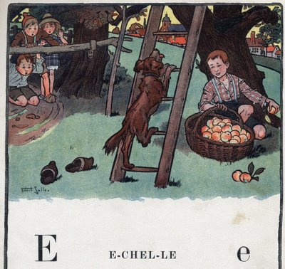 Livre pour enfants « Je lirai - Alphabet méthodique et amusant par un papa » 1926. Illustration de Robert Salles (1871-1929). Abécédaire : lettre E comme Échelle. Un chien grimpe à l