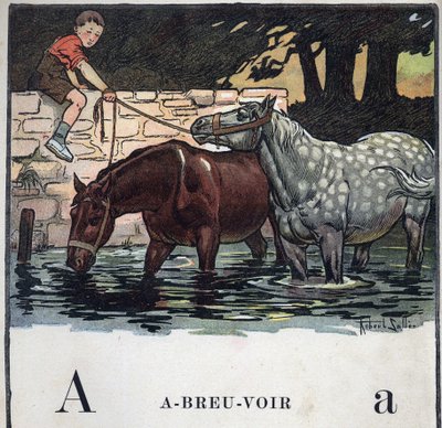 Livre pour enfants « Je lirai - Alphabet méthodique et amusant par un papa » 1926. Illustration de Robert Salles (1871-1929). Abécédaire : lettre A comme Eau potable. Deux chevaux boivent de l