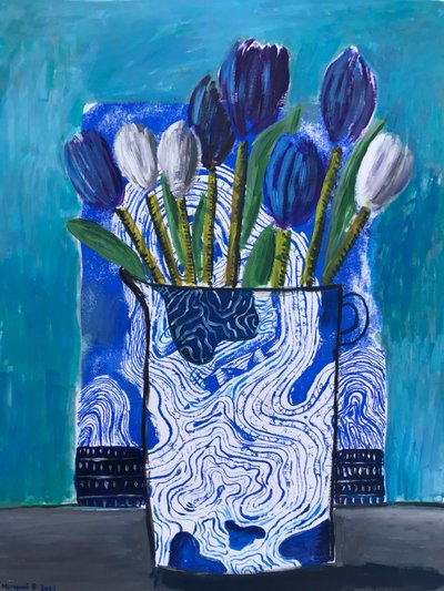 Tulipes bleues et blanches, vers 2022 (huile sur sérigraphie sur papier) - Roberto Munguia