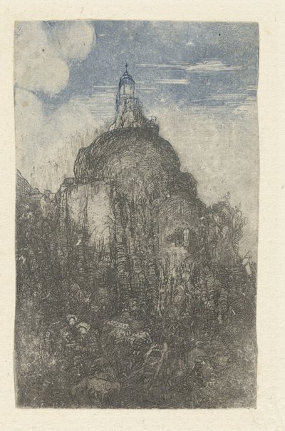 Bâtiment sur un rocher et bergers se reposant avec des moutons au pied du rocher (Le Phare, Chapelle alpestre) - Rodolphe Bresdin