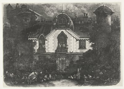 Maison avec tour derrière une clôture et bergère avec bétail - Rodolphe Bresdin