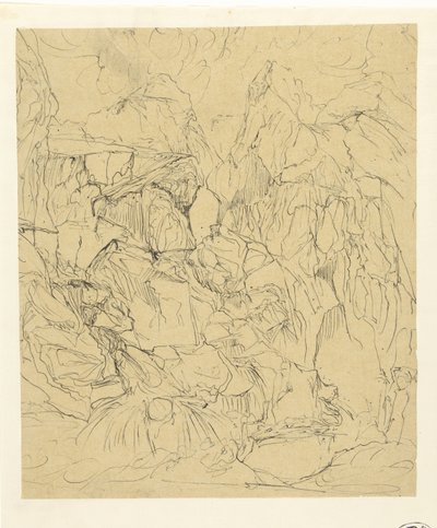 Paysage rocheux nu, avec une cascade au premier plan à gauche - Rodolphe Bresdin