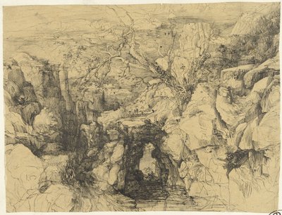 Paysage avec rochers et pont de pierre sur un torrent de montagne - Rodolphe Bresdin