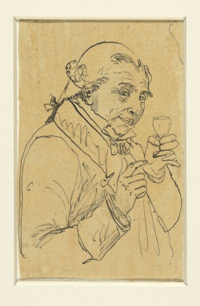 Alter Herr im 18. Jahrhundert Kostüm, in der linken Hand ein Glas Wein erhebend - Rodolphe Bresdin