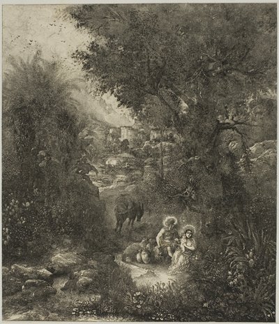 Repos pendant la fuite en Égypte avec un âne sellé - Rodolphe Bresdin