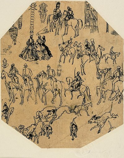 Feuille de croquis : Chiens courants, cavaliers, dames. Éléments architecturaux, insectes - Rodolphe Bresdin