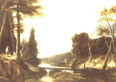 Paysage fluvial rocheux et boisé avec des paysans sur un chemin et des bergers près d