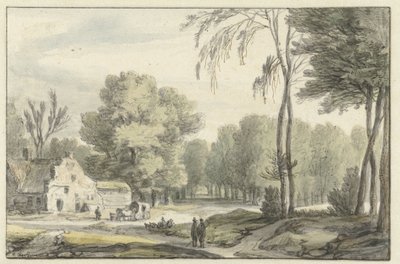 Paysage avec une voiture de voyage devant une ferme - Roelant Roghman