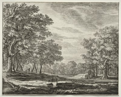 Six vues dans le bois de La Haye : Planche 5, Un homme avec un bâton à la main - Roelant Roghman