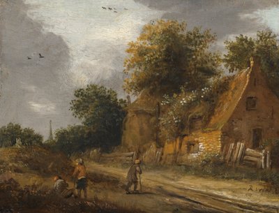 Trois figures passant devant un cottage - Roelof Jansz van Vries