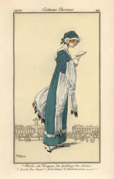 Femme lisant une lettre, portant une robe de velours et une toque. - Roger Broders