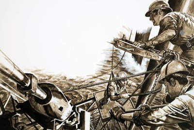 Pétroliers sur une plate-forme en mer du Nord (gouache sur papier) - Roger Payne