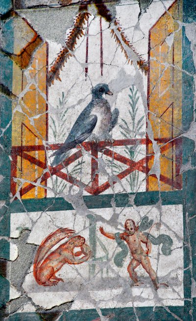 En bas, un oiseau posé sur un balcon, un Amour face à un écureuil. Fin du 1er siècle - Roman