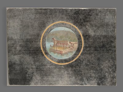 Fragment de fresque à fond noir avec paysage en tondo, 50-79 après J.-C. - Roman