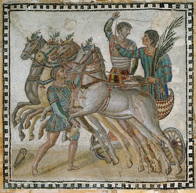Course de chars (quadrige) avec les cochers en position de départ et un palefrenier près du cheval blanc (au premier plan) - Mosaïque, 3e siècle - Roman