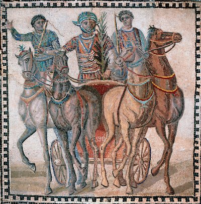 Course de chars, conducteurs en position de départ - Mosaïque, 3ème siècle - Roman