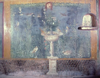 Fontaine, masque et oiseaux, Maison de Vénus en coquille, Pompéi, Italie (fresque) - Roman