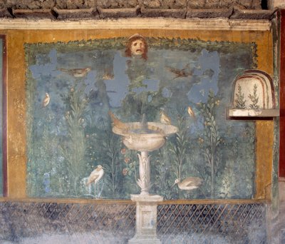 Fresque avec fontaine, masque et oiseaux, Maison de Vénus dans la coquille, Pompéi (Liste du patrimoine mondial de l