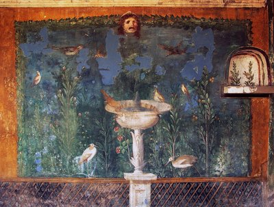 Fresque avec fontaine, masque et oiseaux, Maison de Vénus dans la coquille, Pompéi, Campanie, Italie, civilisation romaine - Roman