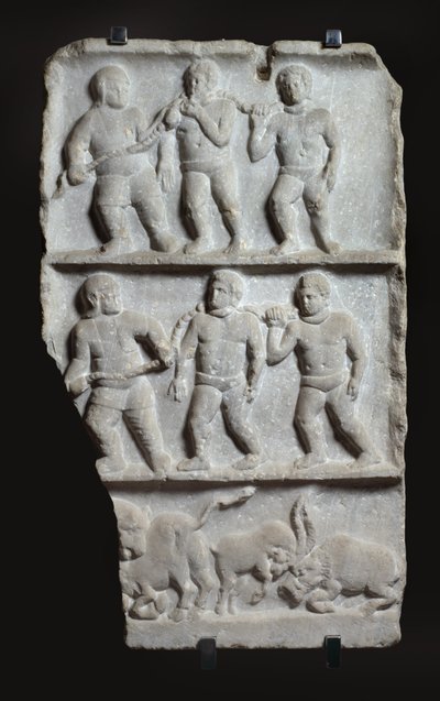 Relief en marbre avec 3 registres : esclaves enchaînés et animaux, c. 200 après J.-C. - Roman